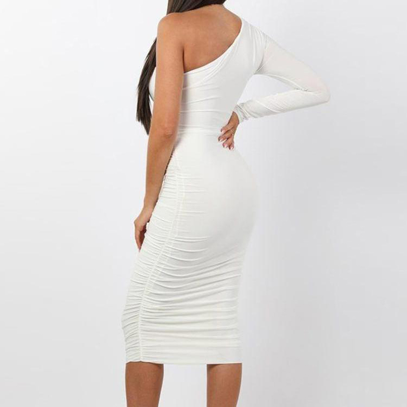 Women Elegant Fashion Sexy White Cocktail Party Slim Fit Dresses One Shoulder Belted Ruched Design Bodycon Midi Dress1