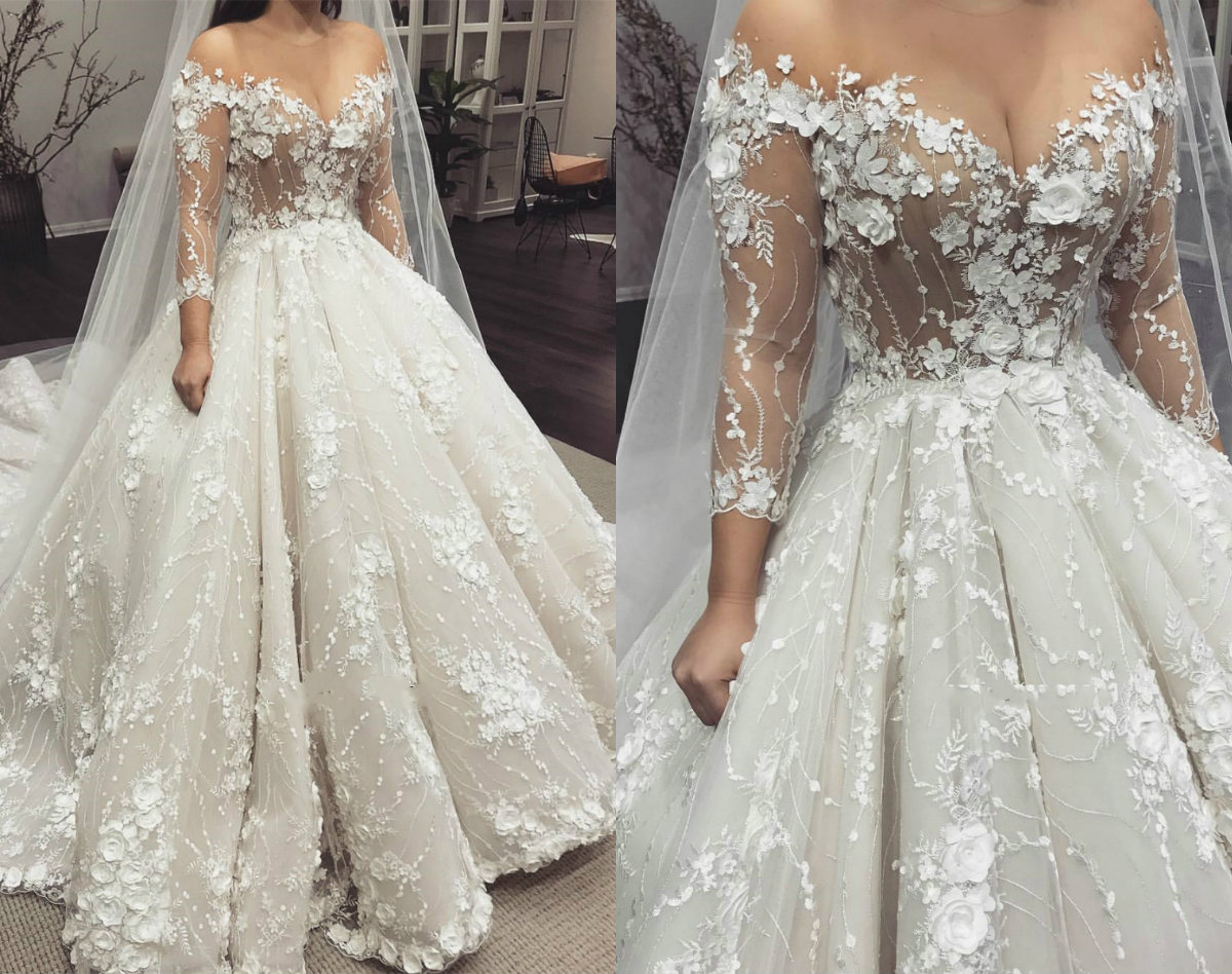 Modest Country Dresses Nude Jewel Neck Off The Shoulder Long Sleeve Lace Wedding Dress Sweep Train Custom Made Bridal Gowns