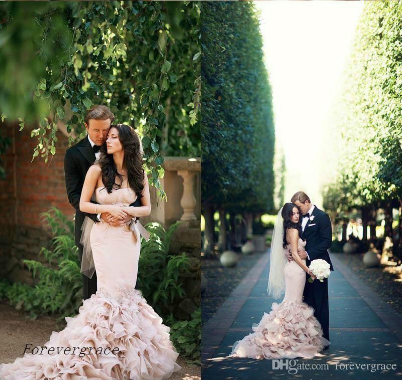 2019 New Romantic Blush Pink Long Mermaid Wedding Dress Sweetheart Cascading Ruffles Backless Formal Bridal Gown Plus Size Custom Made