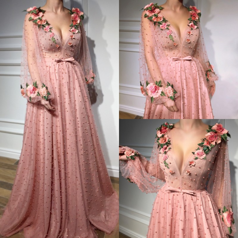 Modest A Line Evening Prom Dress Long Sleeve V Neck Tulle Lace Party Dress Floor Length Sash Hand Made Flower Pears robes de soirée