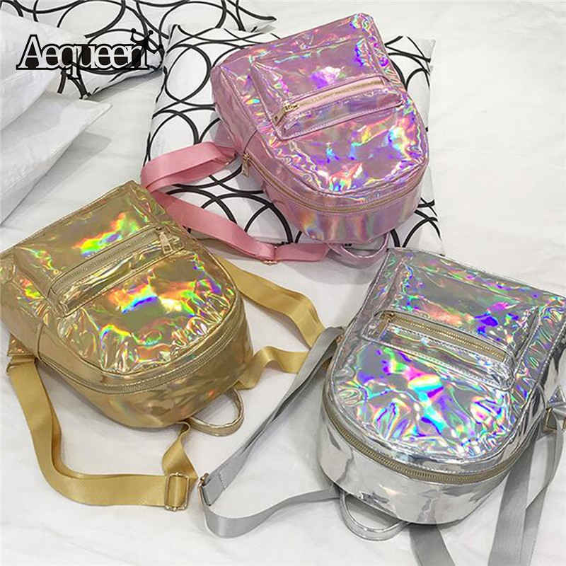 AEQUEEN Silver Hologram Laser Bagpack Women Pink Holographic Backpack Leather Samll Travel School Bag Rucksacks For Teenage Girl Y18110202