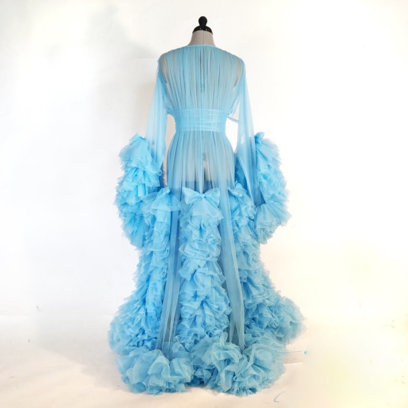2019 Sexy Women Sleepwear Bath Robes Long Sleeve Illusion Tulle Bride Pajama With Ruffle Night Gowns Dresses