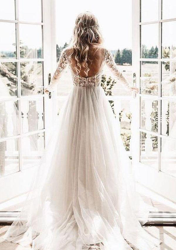 Boho Long Sleeves Wedding Dress A Line Lace Tulle Bohemian Beach Country Garden Church Formal Bridal Gown Custom Made Plus Size