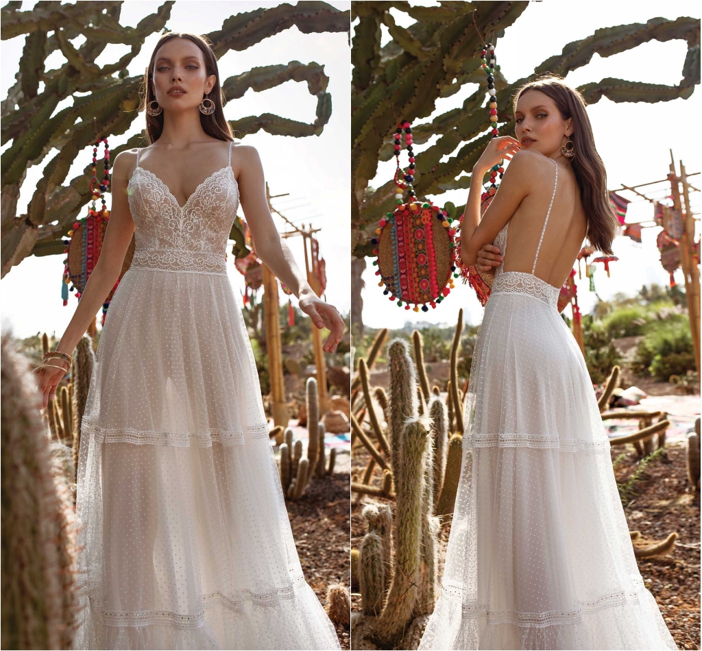 asaf dadush wedding dresses lace appliqued beach spaghetti v neck a line bohemian bridal gowns vestido de novia