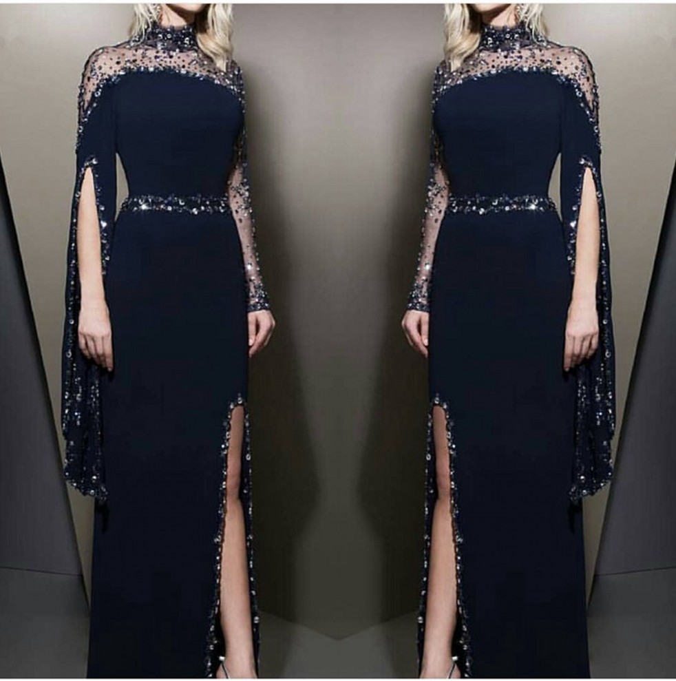 Navy Blue Sheer High Neck Sheath Split Evening Dresses 2019 Long Sleeves Beaded Formal Party Red Carpet Evening Gowns, Gold
Navy Blue Sheer High Neck Sheath Split Evening Dresses 2019 Long Sleeves Beaded Formal Party Red Carpet Evening Gowns, Gold