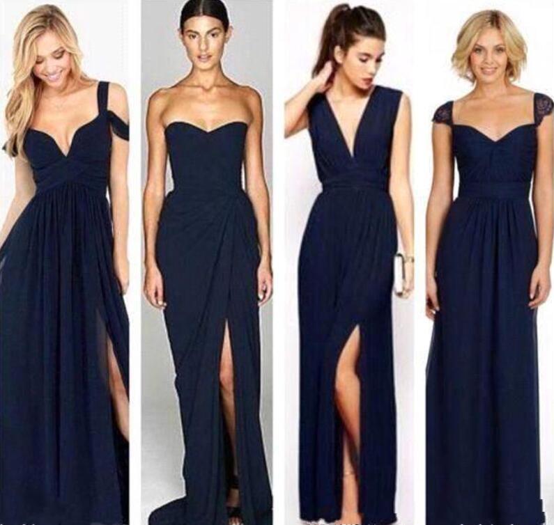 2019 New Navy Blue Chiffon Long Bridesmaid Dresses Lace Mixed Neckline Junior Bridesmaids Dresses Wedding Guest Evening Party Gowns