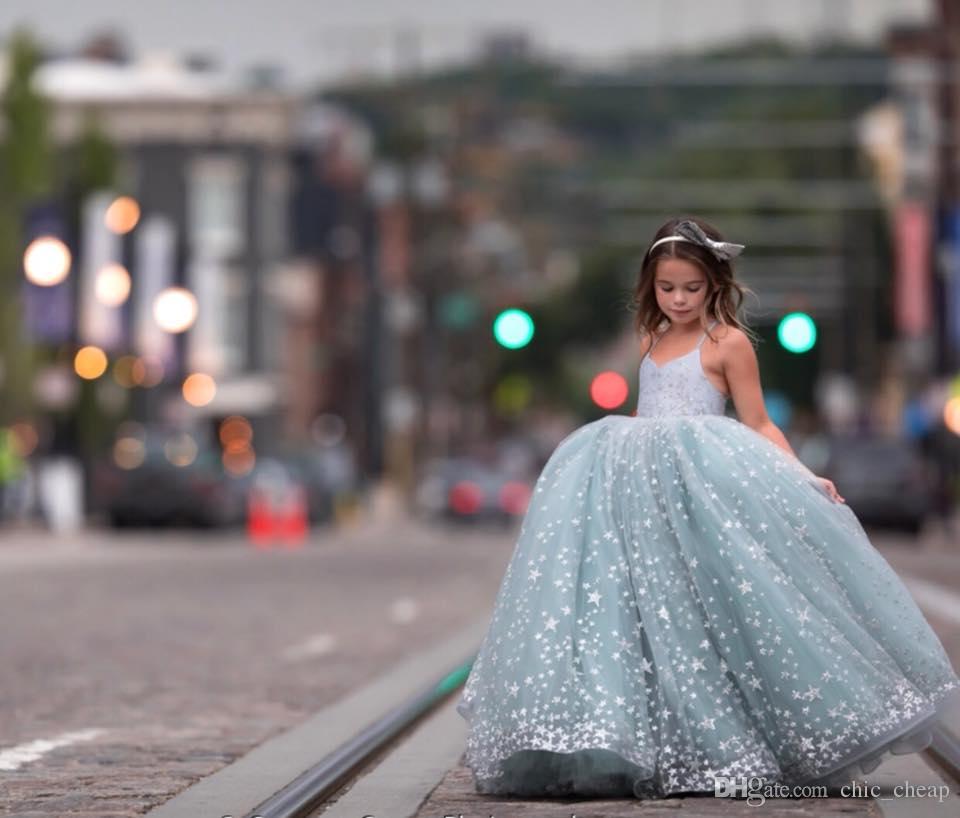 Spaghetti Lace Flower Girl Dresses For Wedding Star Sequins Ball Gown Little Girl Wedding Dresses Vintage Pageant Gowns
