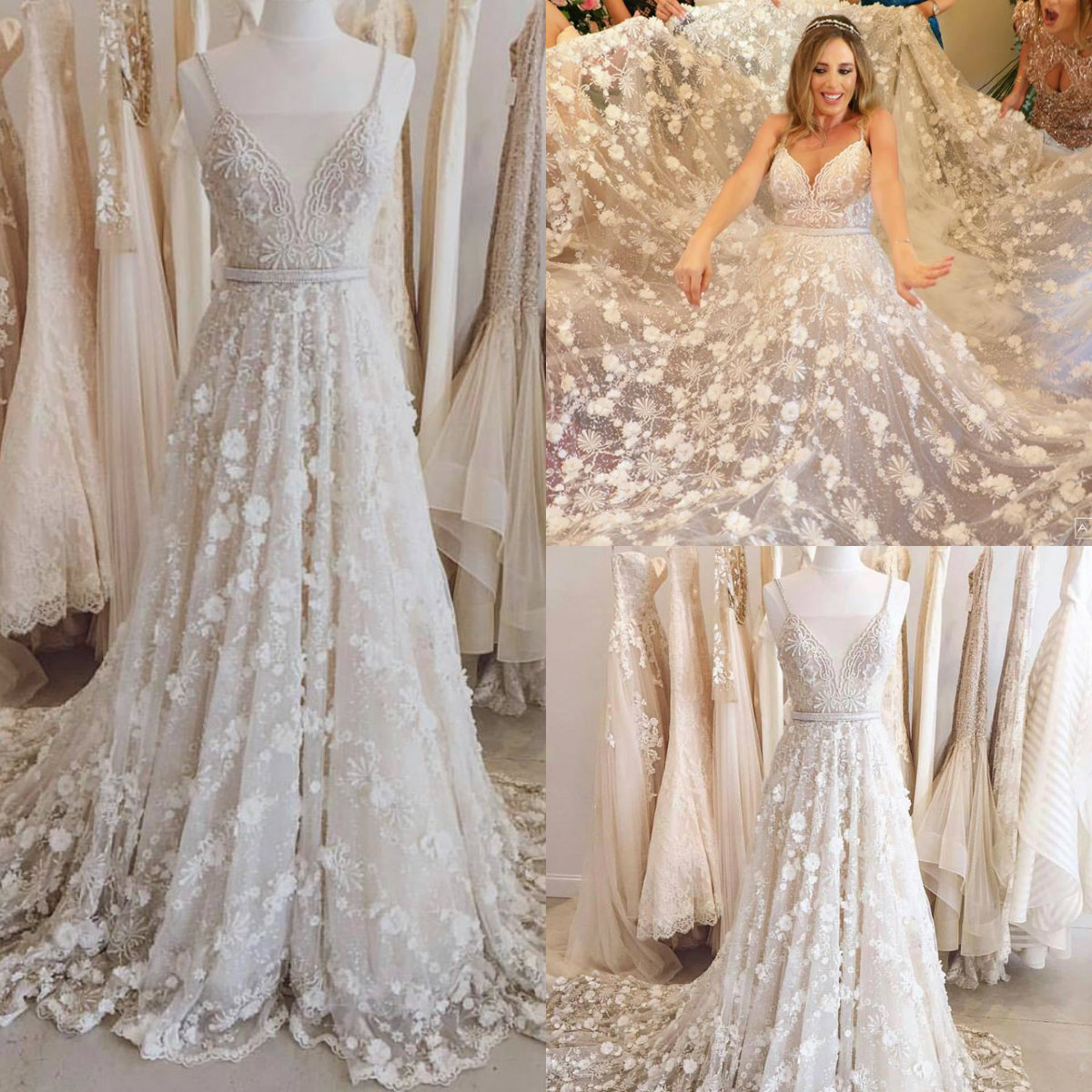 2019 Lihi Hod Bohemian Wedding Dresses Spaghetti Lace 3D Floral Appliqued Sweep Train Boho Wedding Dress A Line Country Bridal Gowns