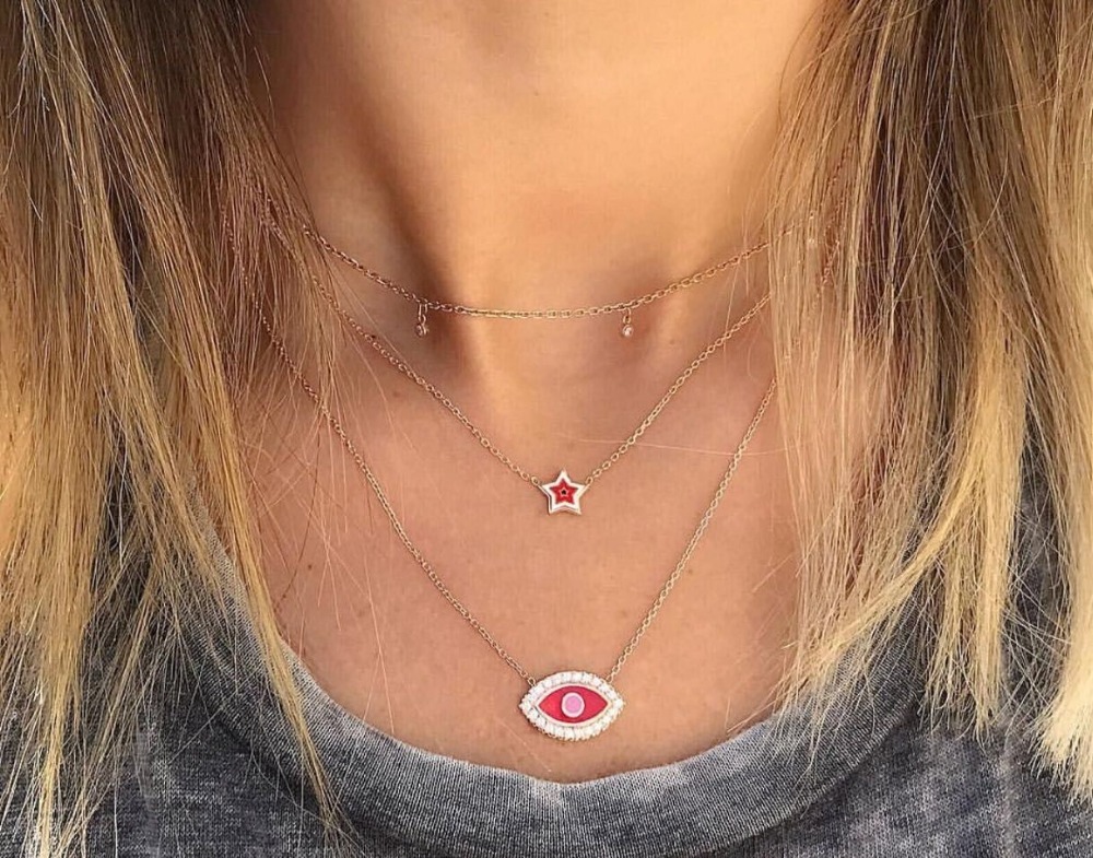 Promotion 5 color Hamsa Blue white pink red enamel Eyes charm pendant With 925 Sterling Silver Jewelry link Chain Necklace CJ191225