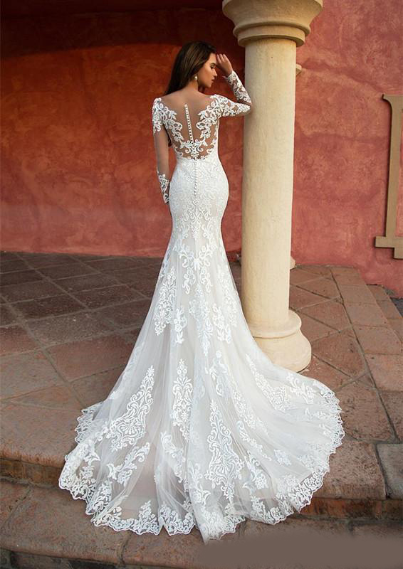 Vintage New Arrival Mermaid Wedding Dresses Sheer Neck Long Sleeve Appliqued Lace Bridal Gowns Illusion Wedding Dress robe de mariee