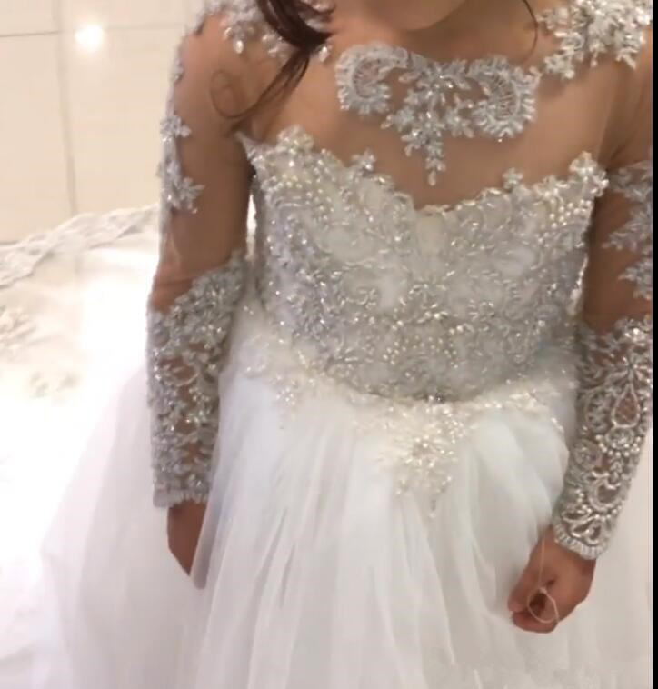 2020 Cute Ballroom Girl Pageant Dresses Jewel Neck Appliqued Beaded Long Sleeves Flower Girl Gowns Ruffle Sweep Train Birthday Gowns