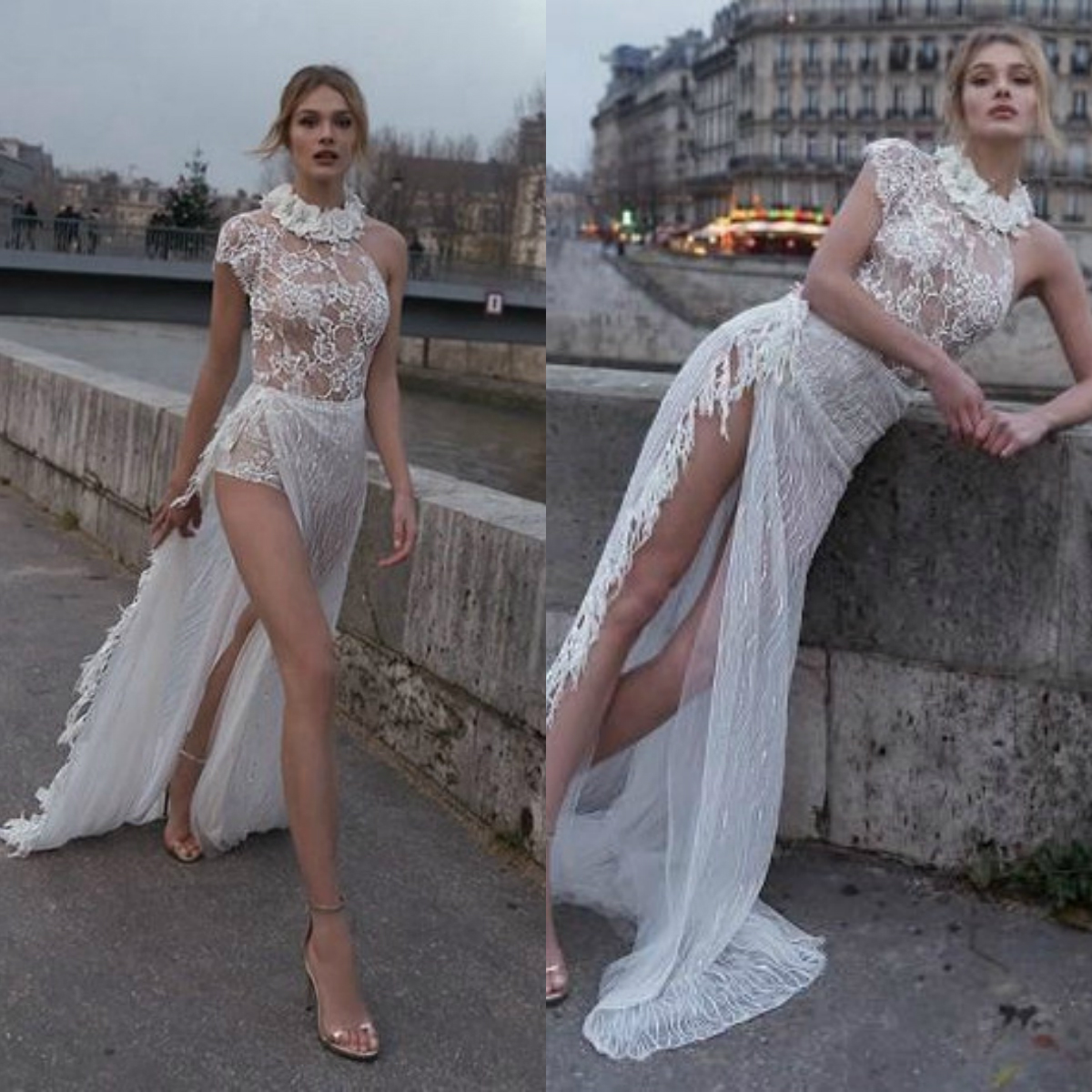 Bohemian A Line Wedding Dresses Lace Appliqued Side Split Bride Dress Elegant High Neck Wedding Gowns Robe De Mariee