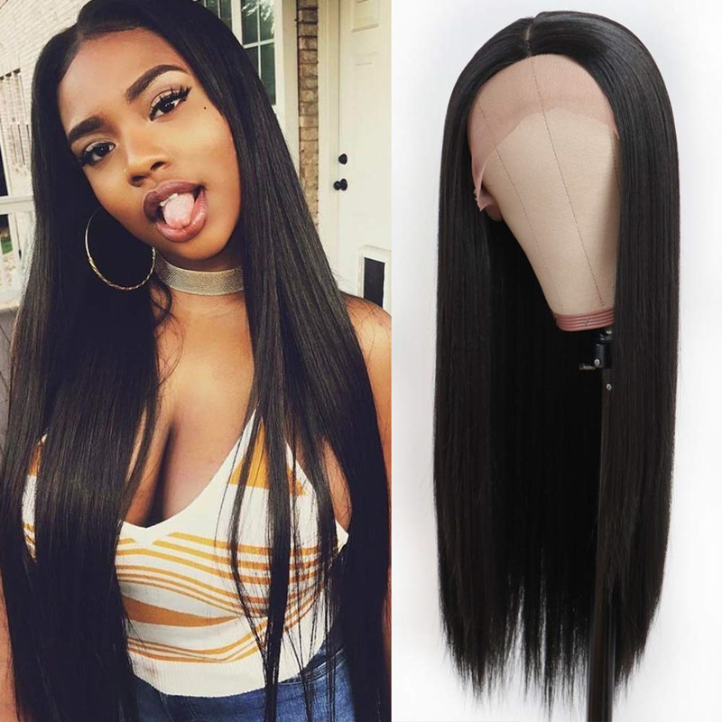 Women's Long Black Color Human Hair Silky Straight Wigs Heat Resistant Full Hair Fashion Synthetic Lace Wigs With Baby Hair High Quality Soft