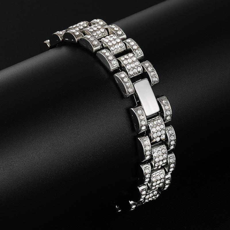 Full Diamond Mens Watch Band Bracelet 18k Gold Bling Rhinestone Hip Hop Iced Out Bangle Bracelets Rapper Chains Wristband Luxury Jewelry Gifts for Guy