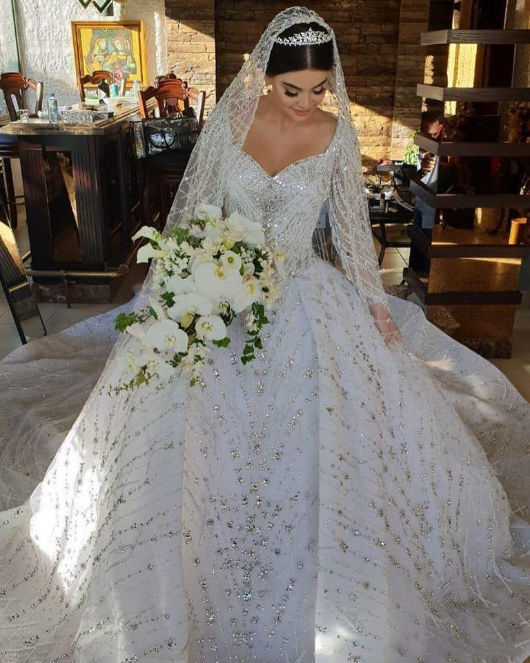 Ball Gown Lace Dresses with Cathedral Train Beaded Long Sleeves Bridal Gowns Dubai Arabic Plus Size Wedding Dress s