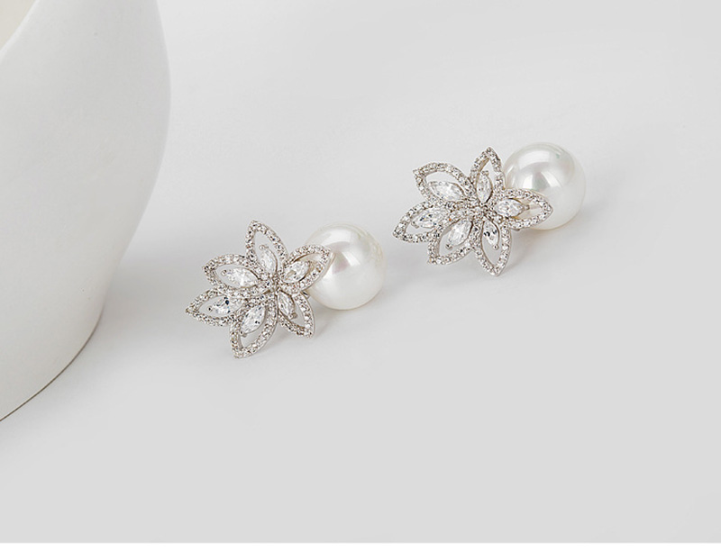 Pearl Flower Drop Earrings Bling White Zircon Fine Jewelry Wedding Dangle Earrings for Women Girl Gift