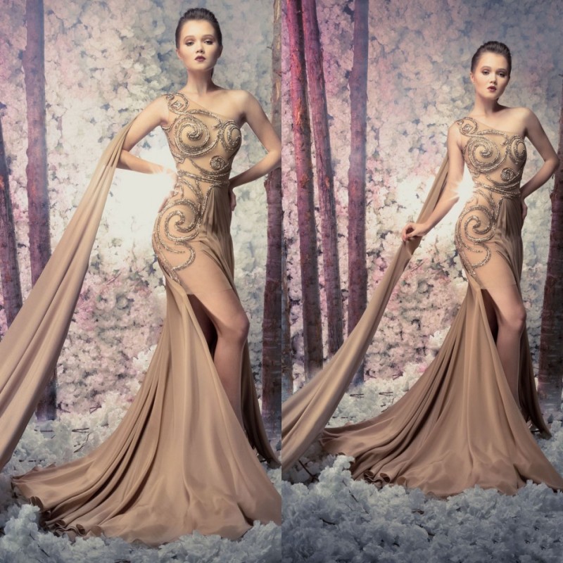 Elie Saab Mermaid Prom Dresses One Shoulder Sequined Formal Evening Gowns Champagne Long Special Occasion Dress Plus Size
