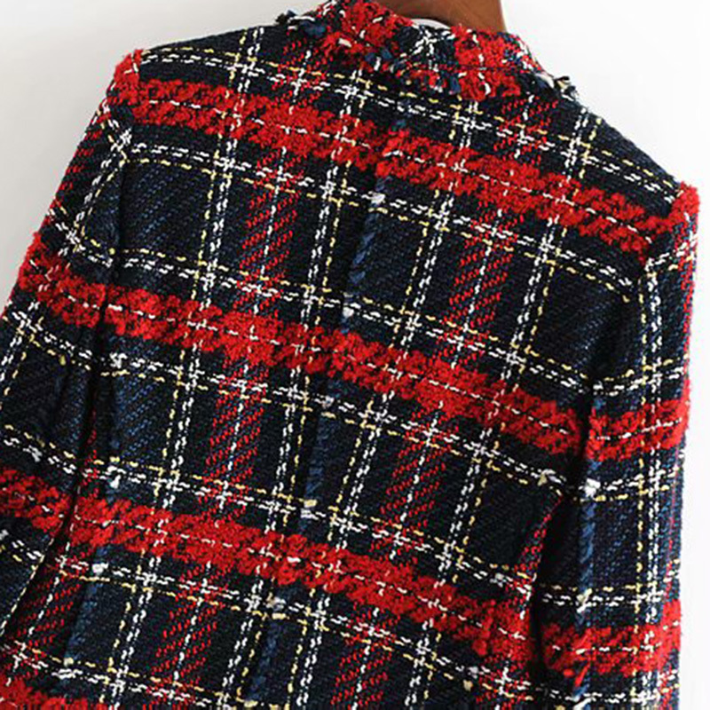 Vintage Double Breasted Frayed Checked Tweed Blazers Coat Women 2019 Fashion Pockets Plaid Ladies Outerwear Casual Casaco Femme D19011104