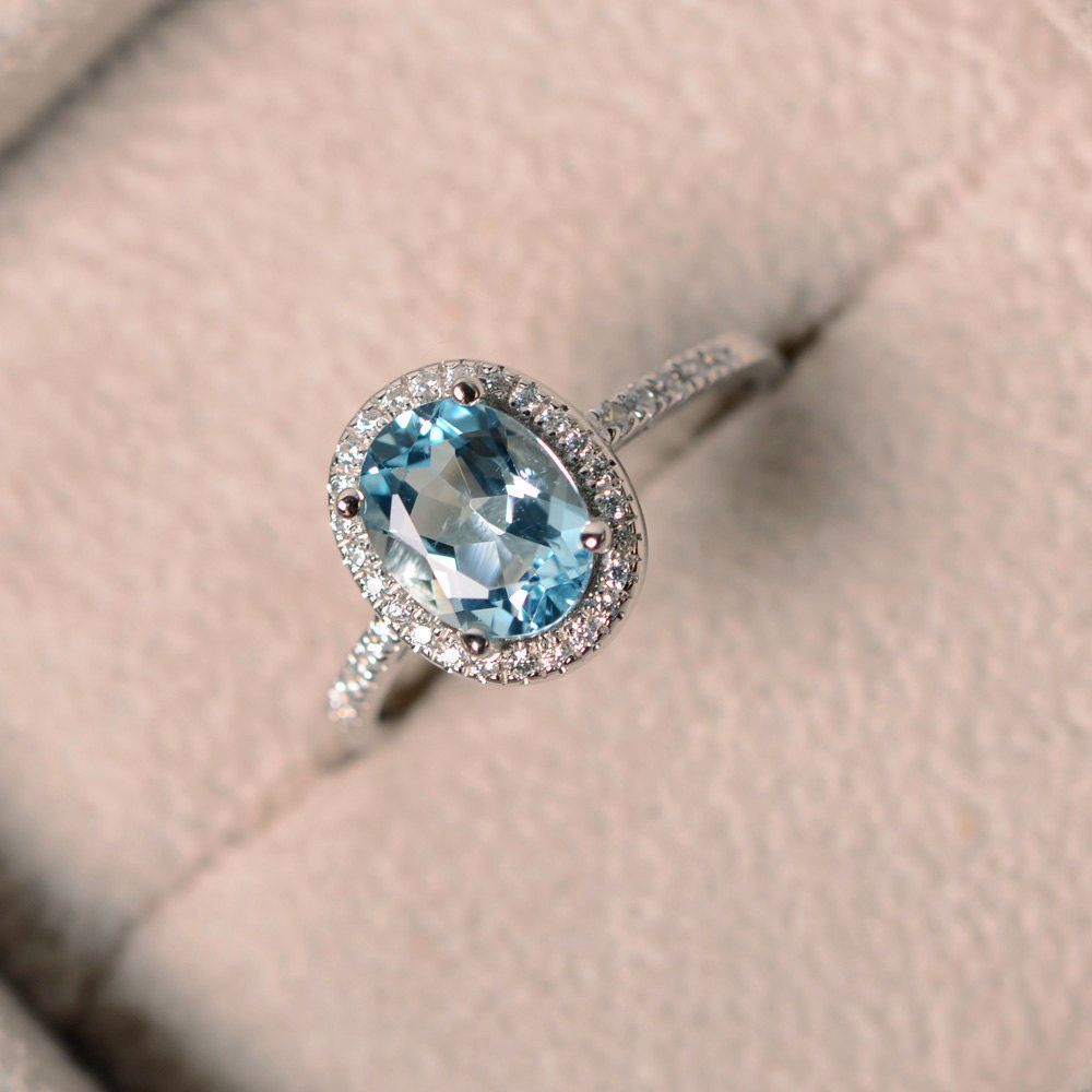 Female Natural Aquamarine Stone Ring 100% Real 925 Sterling Silver Wedding Rings For Women Promise Oval Engagement Ring