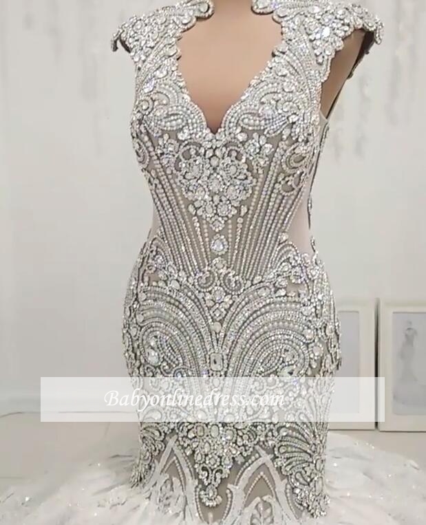 Luxurious Beadings Crystals Mermaid Wedding Dresses Sexy Hollow Out Backless Sleeveless Appliques Ruched Long Bride Wedding Gowns 2022 BC0502
