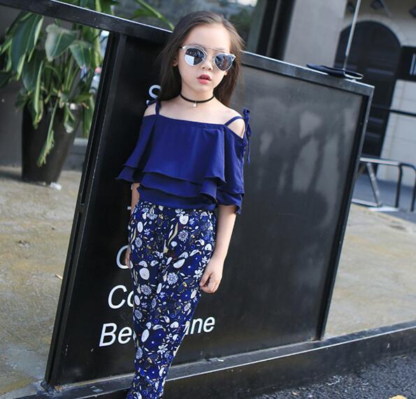 Girl Boutique Clothing Sets Baby Off Shoulder Tops Pant Set Chiffon Tee Shirt Floral Print Pants Children Beachwear Suit GGA3508-3