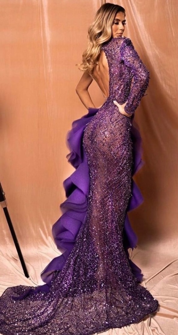 2020 Purple One Shoulder Evening Dresses Backless Long Sleeve Illusion High Split Beading Mermaid Prom Gowns Ruffles Sequined robe de soiree