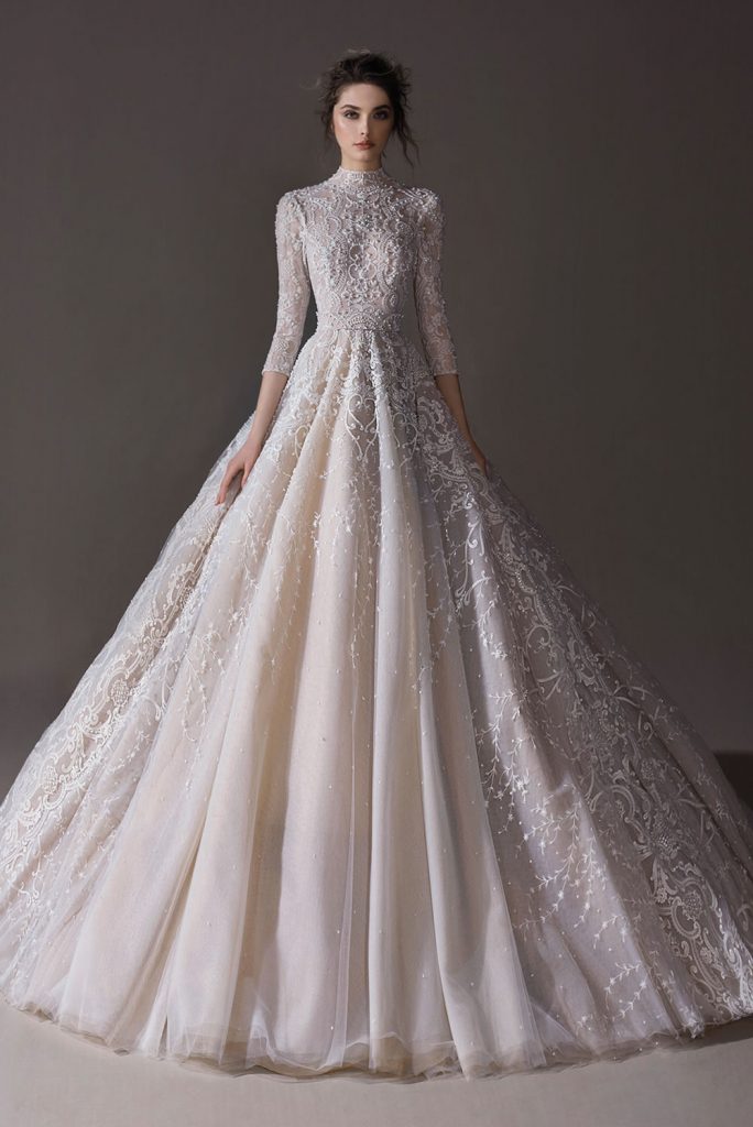 Elegant A e Dresses High Collar Lace Appliques Wedding Dress Long Sleeve Beach Sweep Train Bridal Gowns