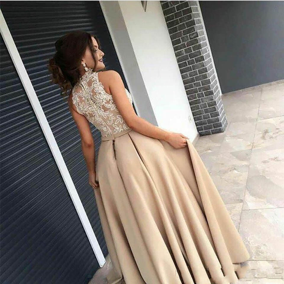 Saudi Arabic Muslim Champagne Evening Dresses Long Lace Appliqued High Neck Abiye Islamic Dubai Kaftan Evening Gown