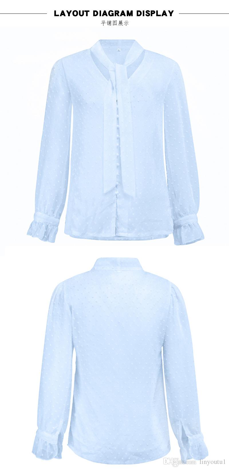 2020 Women's Perspective Button Tie Long Sleeve Top Sexy Chiffon Sheer Mesh Dot prints Top Shirt Office Ladies Work Leisure Clothes