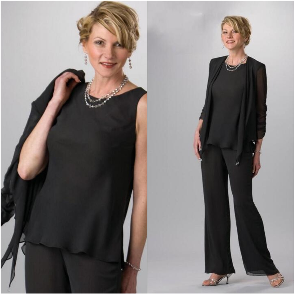 New Groom Mother of the Bride Dresses Wedding Guest Formal Evening Gown With Crew Mother's Suit Black Chiffon Pant Suits