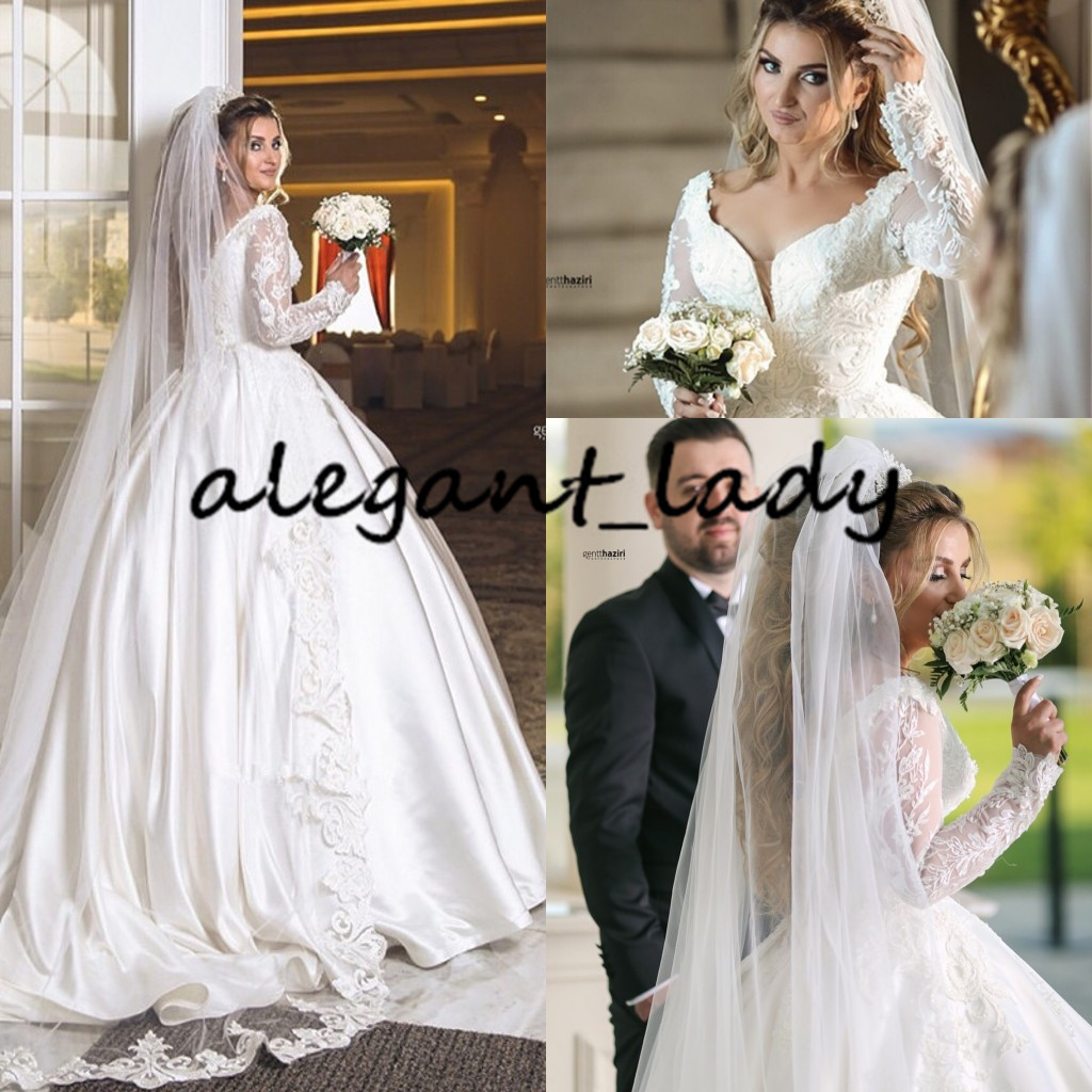 Plus Size Long Sleeve Princess Wedding Dresses 2020 Luxury Lace applique beaded pearls castle church puffy skirt wedding gown with overskirt