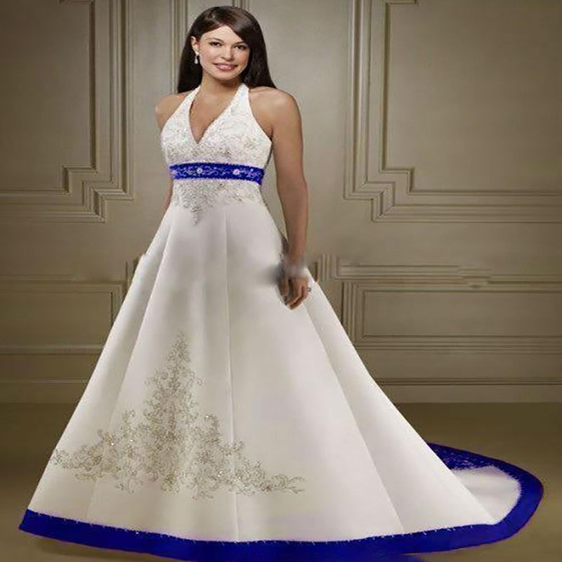 Sexy Backless A Line Wedding Dresses Royal Blue With Iovry Embroidery Country Wedding Dress 2020 Gothic Halter Sweep Train Satin Bridal Gown