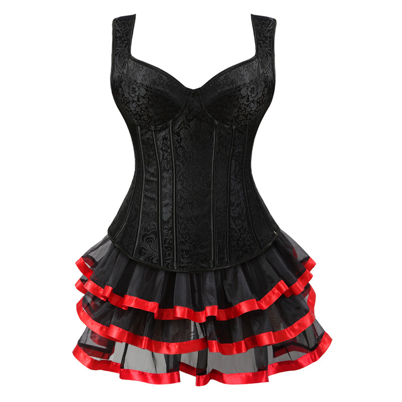 Women Corset Vest Skirt Set Retro Steampunk Side Zipper Halterneck Jacquard Overbust Bustier with Layered Mini Skirt Plus Size S-6XL
