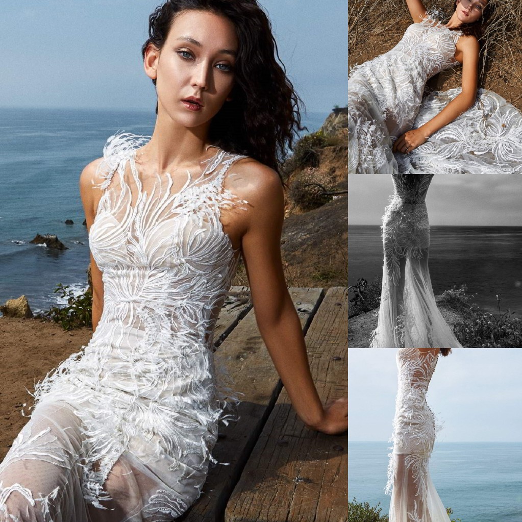 Elegant Weddinginspirasi Mermaid Wedding Dresses Jewel Sleeveless Lace Applique Feather Wedding Gown Sweep Train robe de mariée, Green
Elegant Weddinginspirasi Mermaid Wedding Dresses Jewel Sleeveless Lace Applique Feather Wedding Gown Sweep Train robe de mariée, Green
