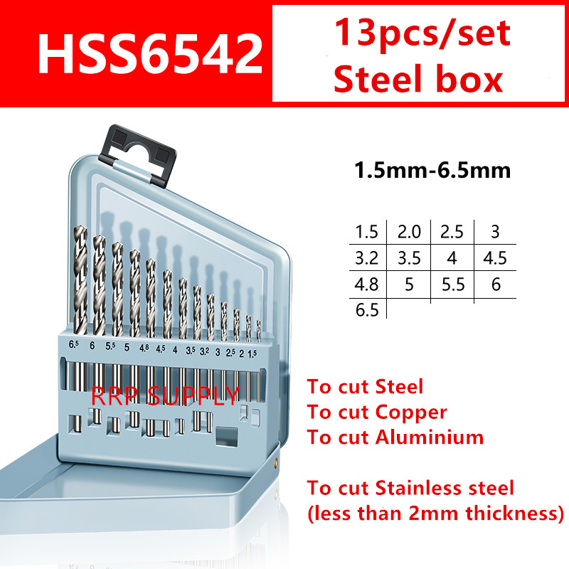 13pcs 1.5mm-6.5mm drill bit set, HSS54341/HSS 6542/HSS Co5% to choose, Steel box, best quality twist drill set
13pcs 1.5mm-6.5mm drill bit set, HSS54341/HSS 6542/HSS Co5% to choose, Steel box, best quality twist drill set