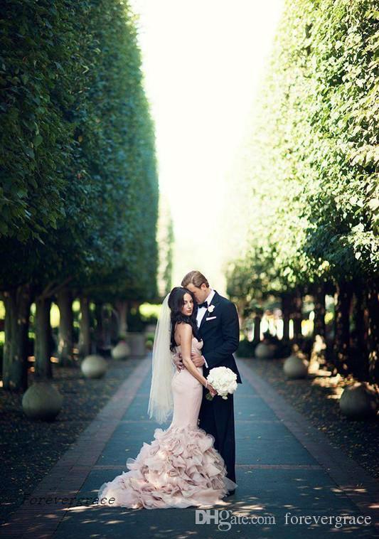 2019 New Romantic Blush Pink Long Mermaid Wedding Dress Sweetheart Cascading Ruffles Backless Formal Bridal Gown Plus Size Custom Made