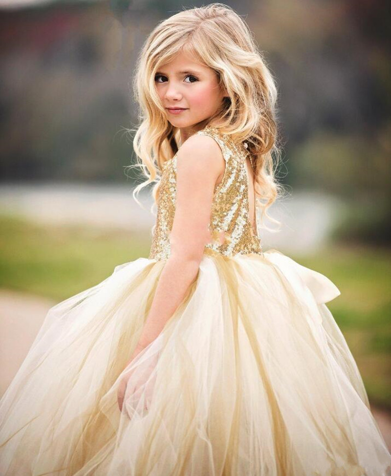gold ball gown girl pageant dresses jewel neck sequins sleeveless flower girl gowns ruffle hollow back glitter birthday gowns