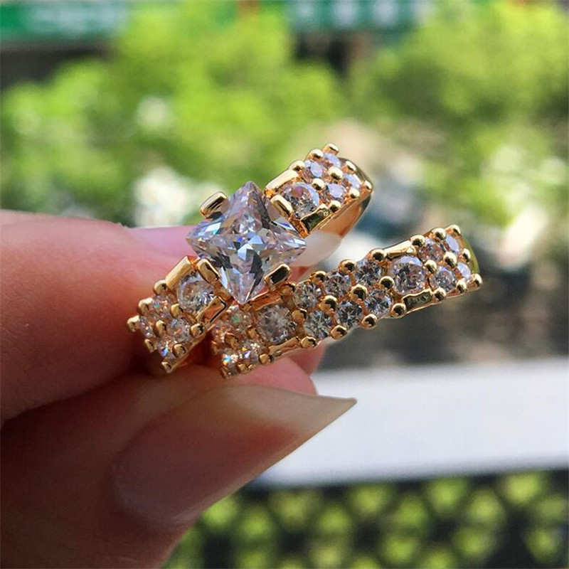 Size 6-10 Luxury Jewelry 925 Sterling Silver Princess Cut Gold Color White Topaz CZ Diamond Eternity Women Wedding Couple Ring Set Gift