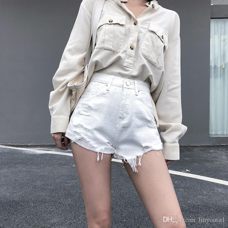 2020 European and American BF summer wind female blue high waist denim shorts women worn loose burr hole jeans shorts