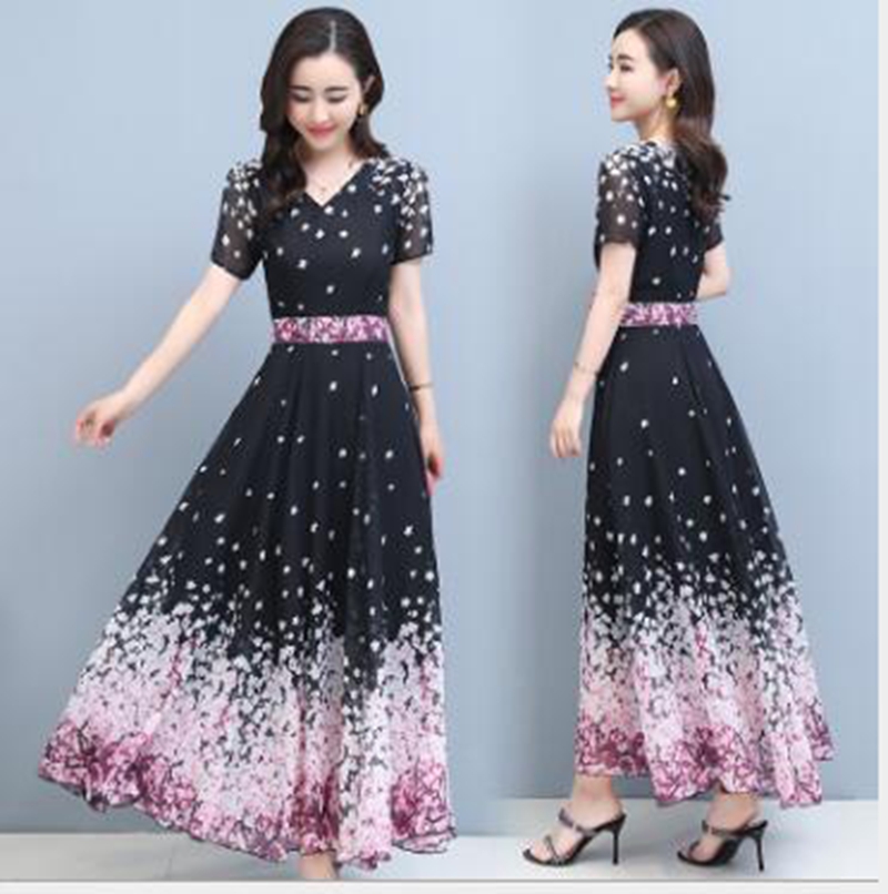 Wholesale women's summer new style was thin in the long section short sleeve bohemian chiffon printed over the knee beach dress, Black
Wholesale women's summer new style was thin in the long section short sleeve bohemian chiffon printed over the knee beach dress, Black