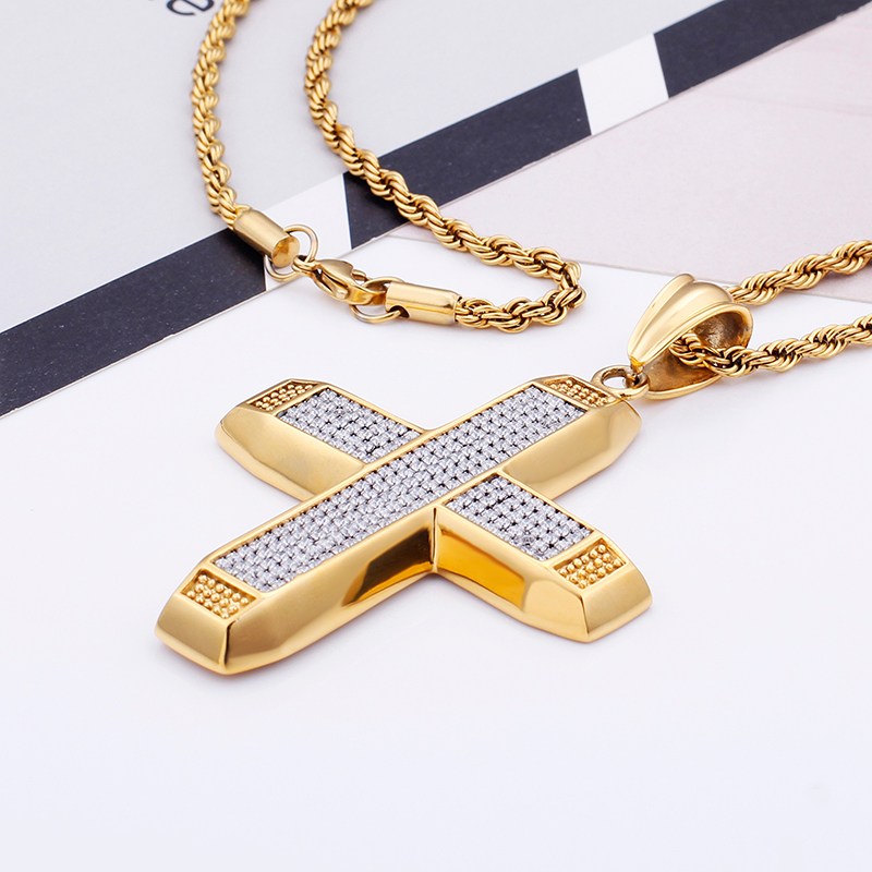 Men's Hip Hop Cross Pendants Necklace 316L Stainless Steel Full Cubic Zirconia Setting 18K Gold Plated Jewelry