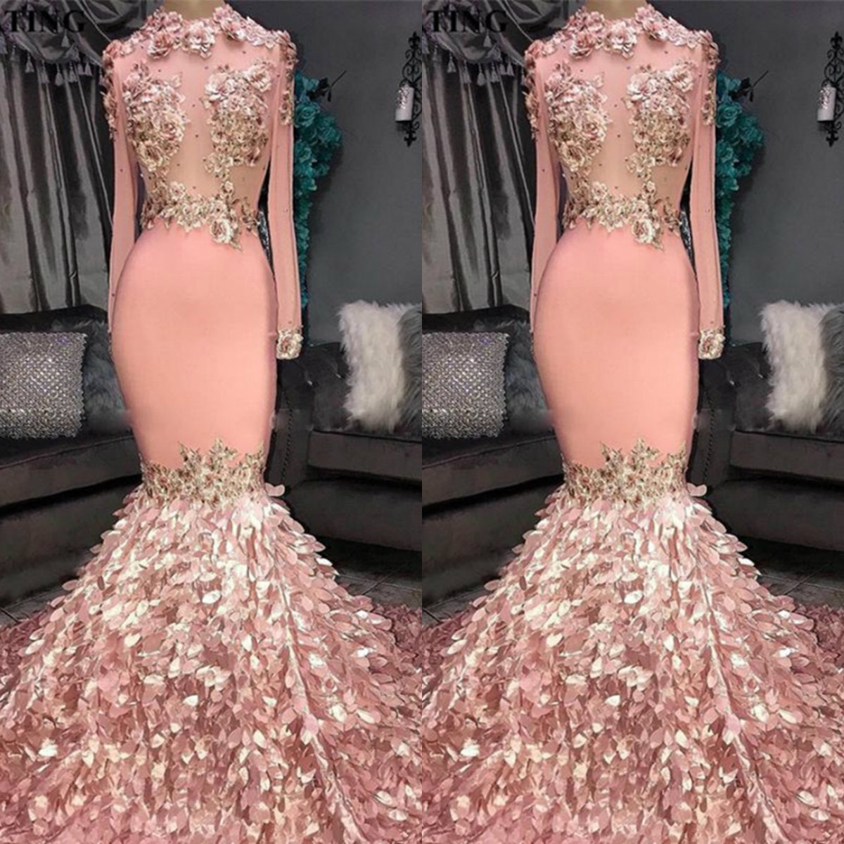 Elegant Pink Prom Dresses D Floral Appliqued Long Sleeves Mermaid Evening Gowns Girls Court Train Plus Size African Formal Party Wear
