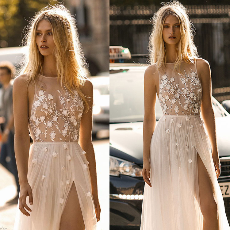 gali karten beach wedding dresses a line high split illusion lace tulle applique sweep train boho bridal gowns