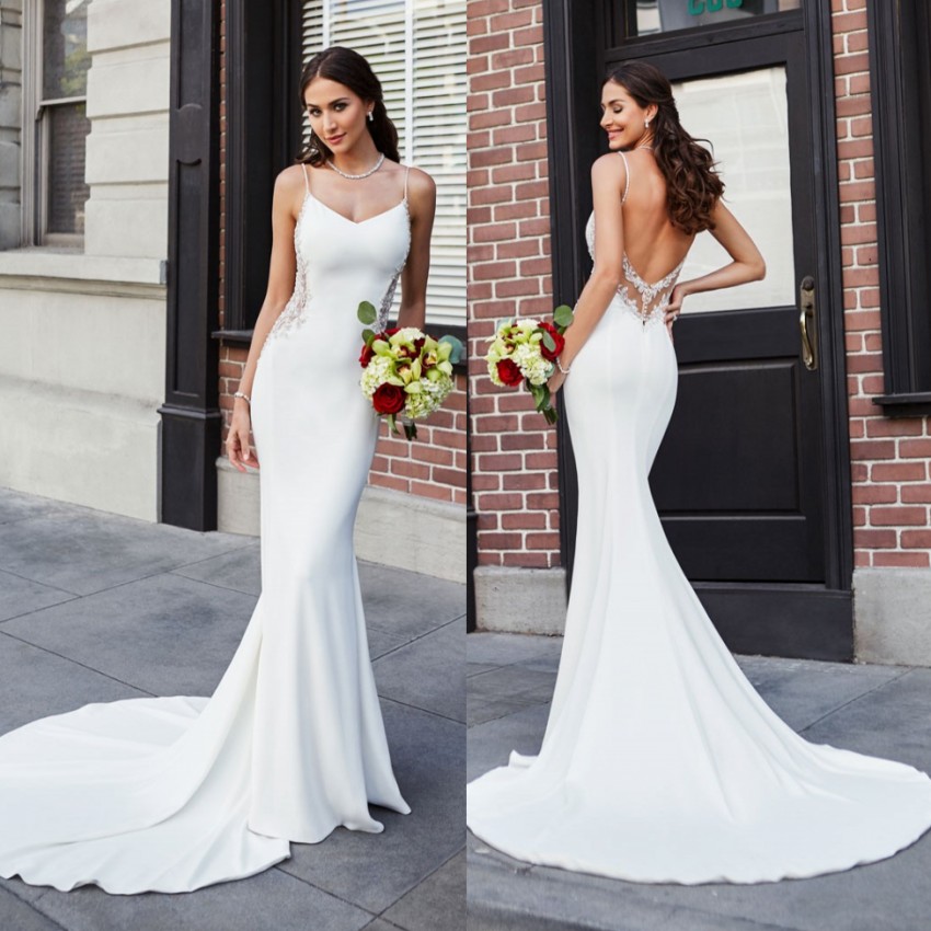 Mermaid Beaded Fabulous Backless Wedding Dresses Spaghetti Straps Sleeveless Bridal Gowns Sweep Train Custom Made Trumpet Robe De Marie