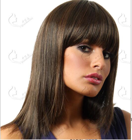 

Women wig Dark brown straight hair wig with bang synthetic capless fashion wig fast free shipping, Picture color