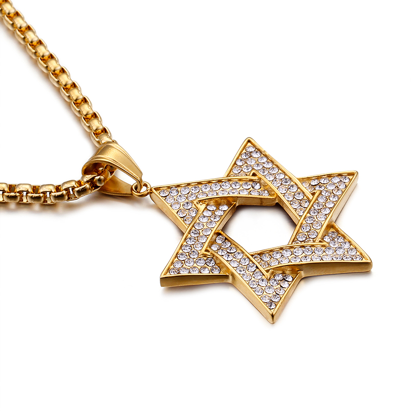 Men Hip Hop Six-star Pendants Necklace 316L Stainless Steel Full Cubic Zirconia Setting 18K Gold Plated Jewelry