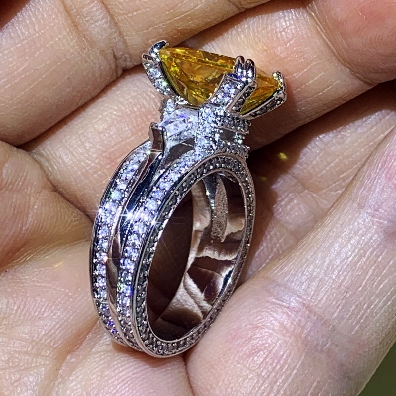 Three Color Diamond Vintage Jewelry 925 Sterling Silver Princess Cut 5A Zircon Big Gemstones Eiffel Tower Women Wedding Bridal Ring Gif