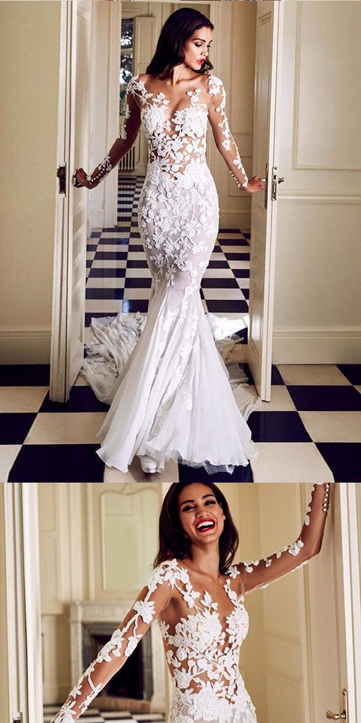 Mermaid Lace Sexy 2019 Wedding Dresses Sheer Neck Long Sleeves Illusion Arabic Bridal Dresses Vintage Wedding Gowns