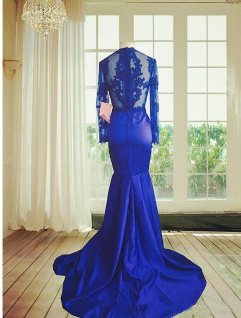 New Long Sleeves Lace Prom Dress Mermaid High Neck See-Through Lace Appliques Sexy Royal Blue African Party Evening Gowns