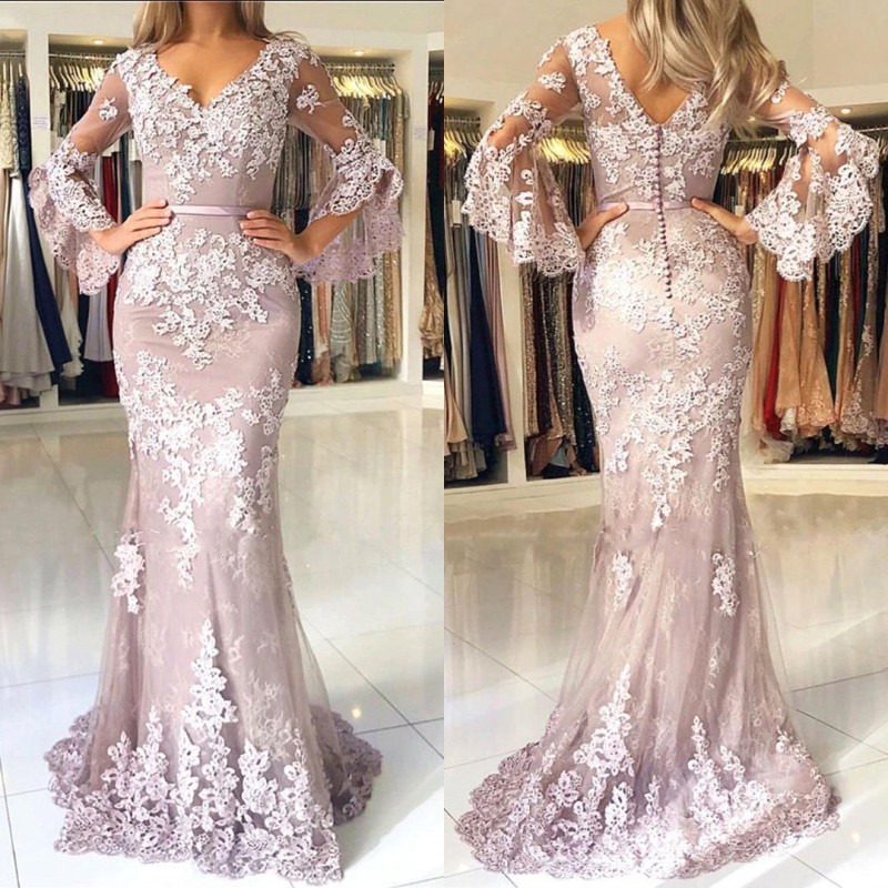 Sexy V Neck Lace Mermaid Long Prom Dresses Long Sleeves Tulle Applique Sweep Train Formal Party Evening Gowns Robe De Soiree